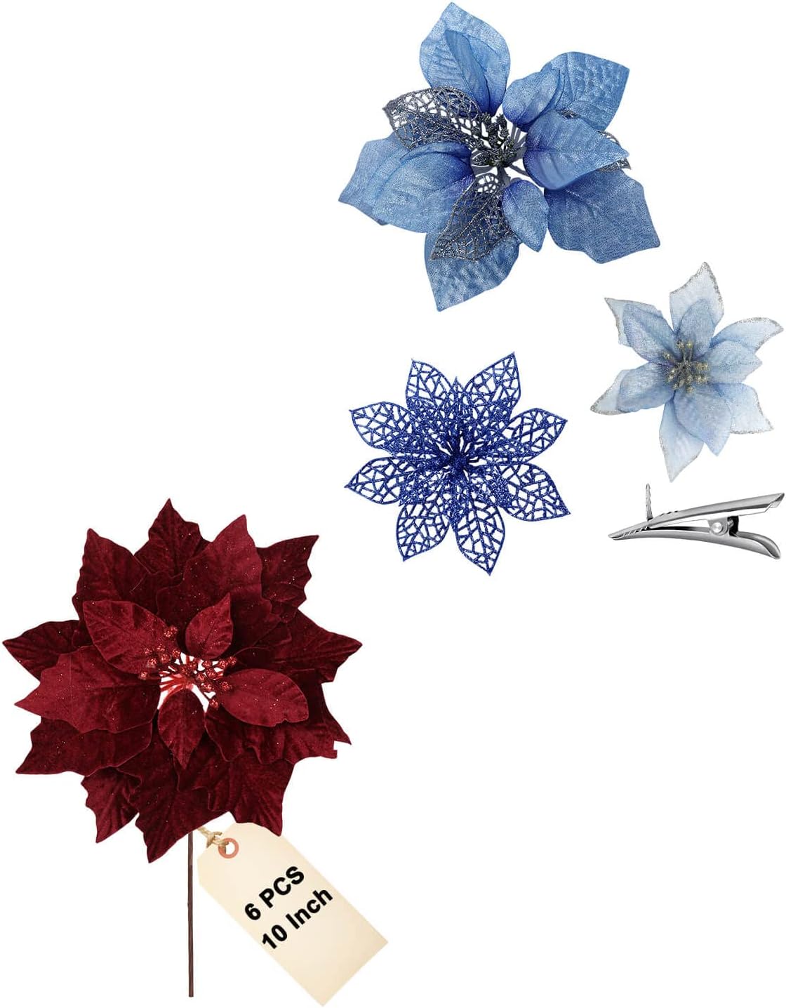 vensovo Mix Poinsettia Flowers for Christmas Tree 6PCS 10