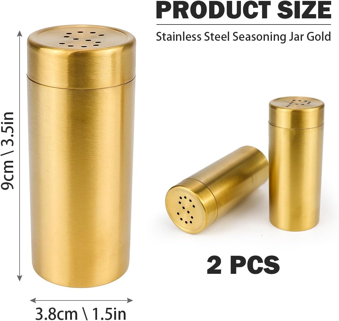 DOERDO Salt and Pepper Shaker 2 Pcs Stainless Steel Spice Jars Seasoning Dispenser for Salt Sugar Spice Pepper, Gold, 3.5 Inch