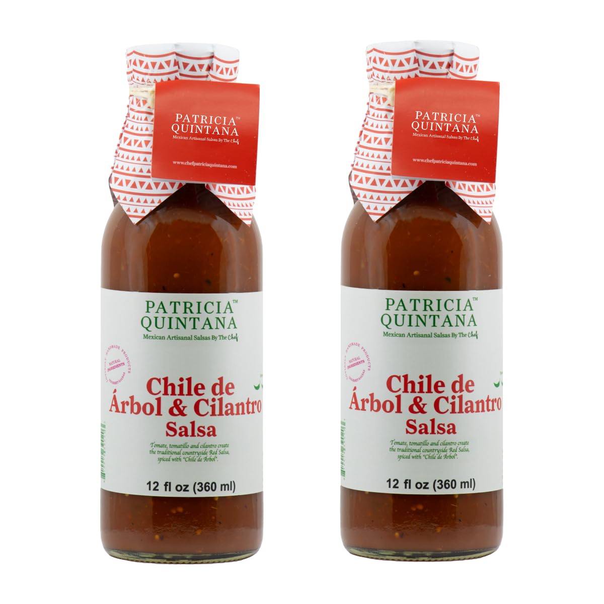 Patricia Quintana Chile de Árbol & Cilantro Salsa - Authentic Artisanal Mexican Ingredients - Perfect topping to your tacos, burritos, enchiladas or other favorite food (12 oz, 2 Bottles)