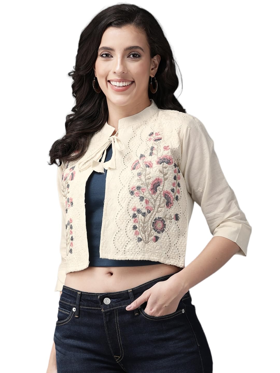 Indo Era Womens Cream-Grey Colour Cotton Chikan Ethnic Jacket in grey