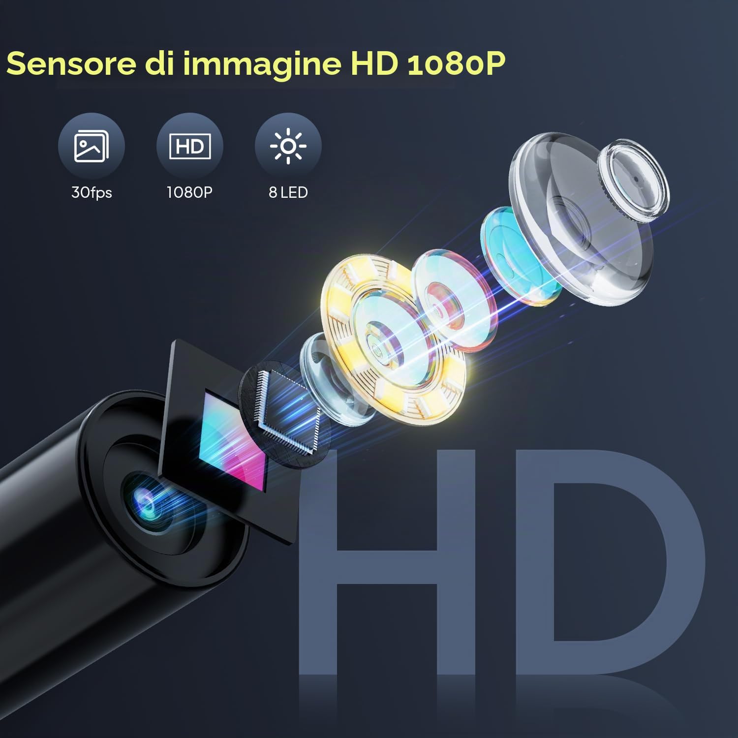 Endoscopio Industriale, Qimic 2.4" IPS endoscopio per smartphone con 8 LED, 1080P HD Sonda con telecamera per ispezione tubi IP67, telecamera endoscopica cavo semirigido da 32,8 FT/10M
