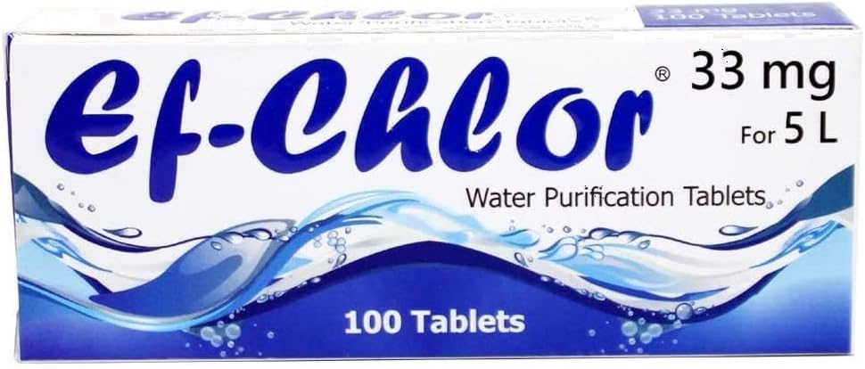 Ef-Chlor 33mg Water Purification Tablets (100 Tablets) – Purifies 5 to 10 Liters of Water for Safe Drinking in Outdoor Adventures, Travel, Camping, Hiking, Survival and Emergency Situations