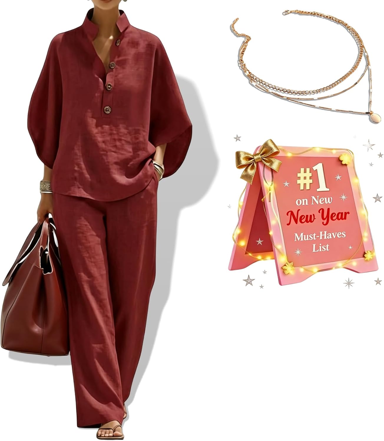 Women’s Batwing Sleeve Linen Cotton Two-Piece Set – Casual Shirt & Wide Leg Pants Outfit