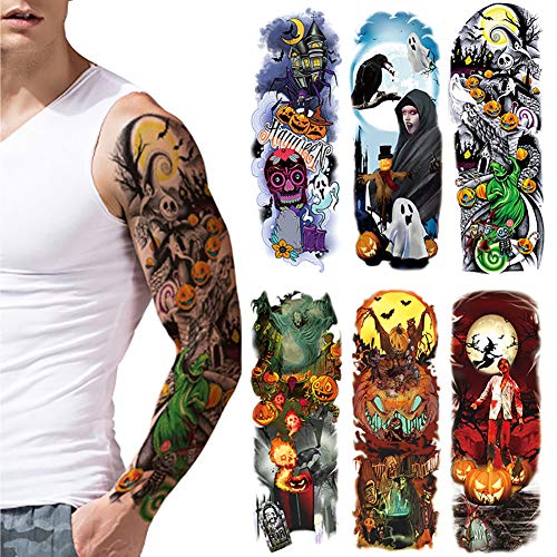 6 Pcs Full Arm Temporary Tattoos Large Waterproof Tattoo Sleeves Colorful Halloween Temporary Tattoo Stickers for Men Kids and Women Masquerade Party Nightmare Before Christmas
