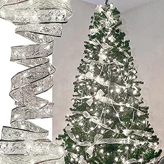 Glitterstar 40 LED Ribbon Shape Fairy Lights 13ft Silver Ribbons for Christmas Party Xmas Tree Decoration Home Garden Decor Lamp Wedding Festival Stage Ambience Lights, Battery Operated, White Light