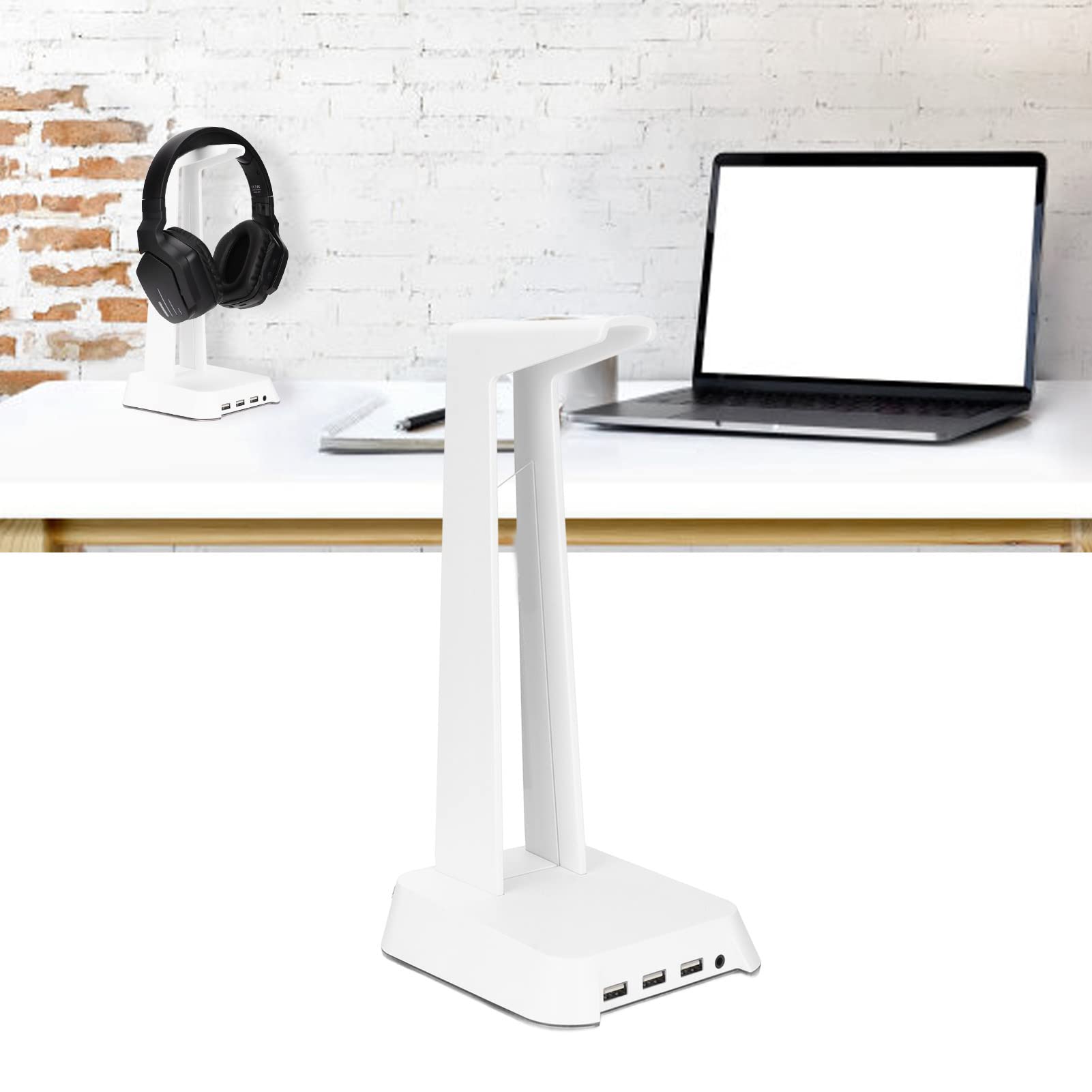 Cyrank Supporto per Cuffie RGB, Supporto per Cuffie da Gioco Supporto per Auricolari da Tavolo 2 in 1 con 3 Porte di Ricarica USB Fantastici Accessori da Scrivania per Tutte Le Cuffie(Bianco)