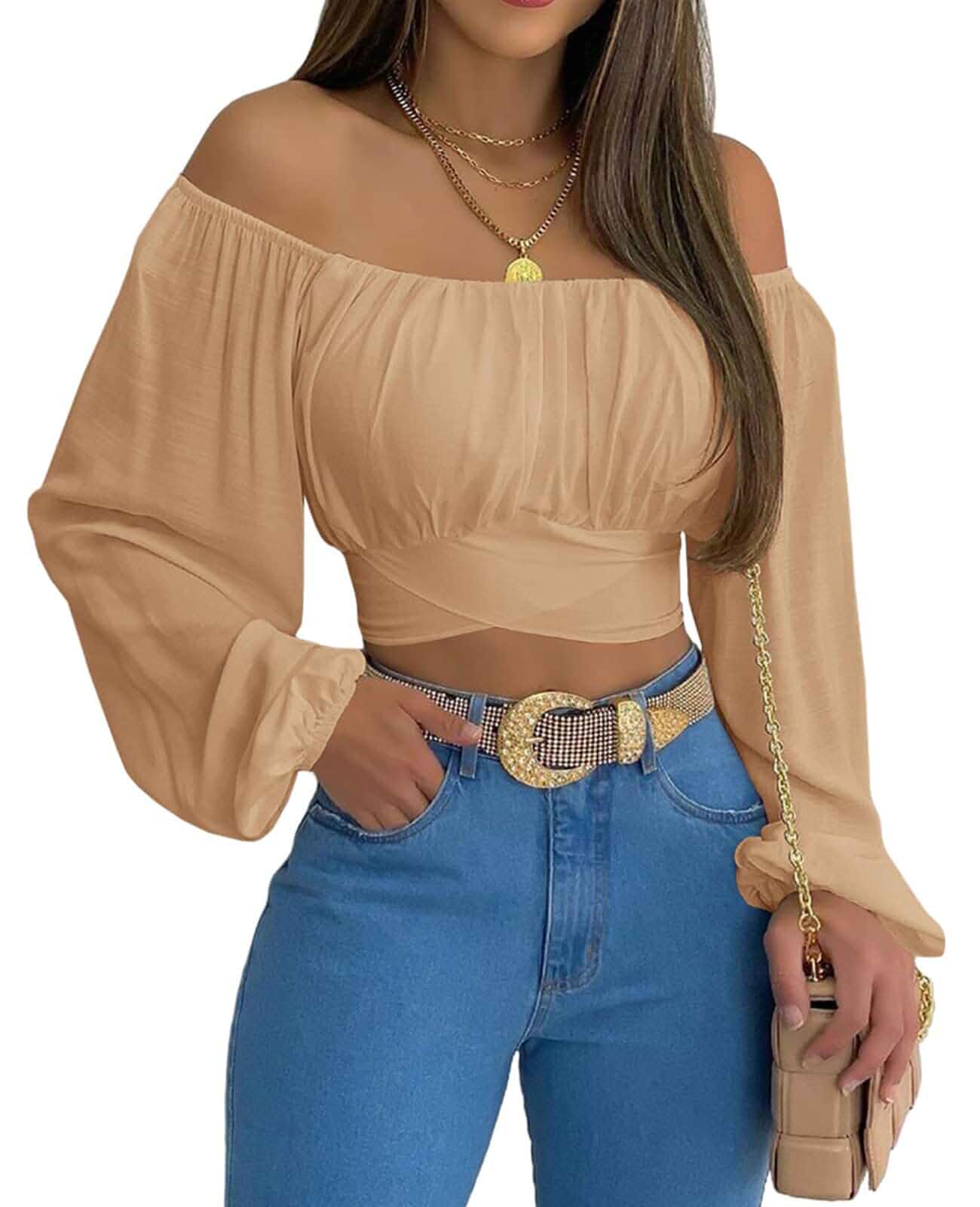 MIRACMODA Woman Off Shoulder Ruched Tie Back Crop Top Summer Lantern Sleeve Boho Shirt Blouse Lantern Sleeve