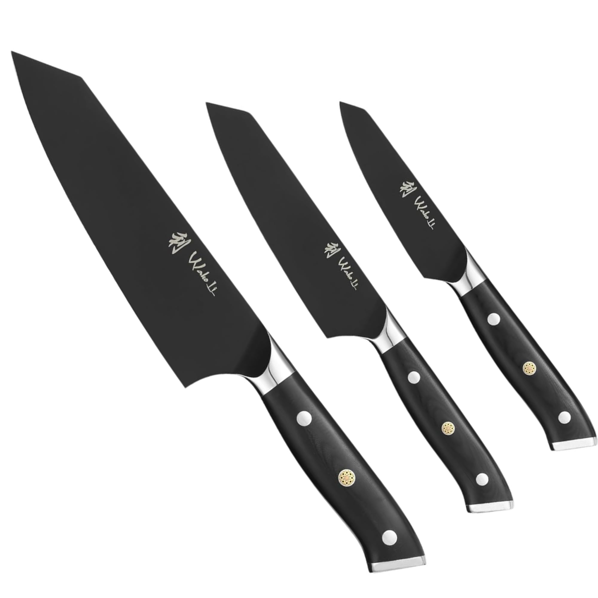 Wakoli Titanium Noir 3-częściowy zestaw noży z ostrzami 8-17 cm, rękojeść G10, w drewnianym pudełku, zestaw noży kuchennych ze stali nierdzewnej, profesjonalny nóż szefa kuchni, ochrona palców w
