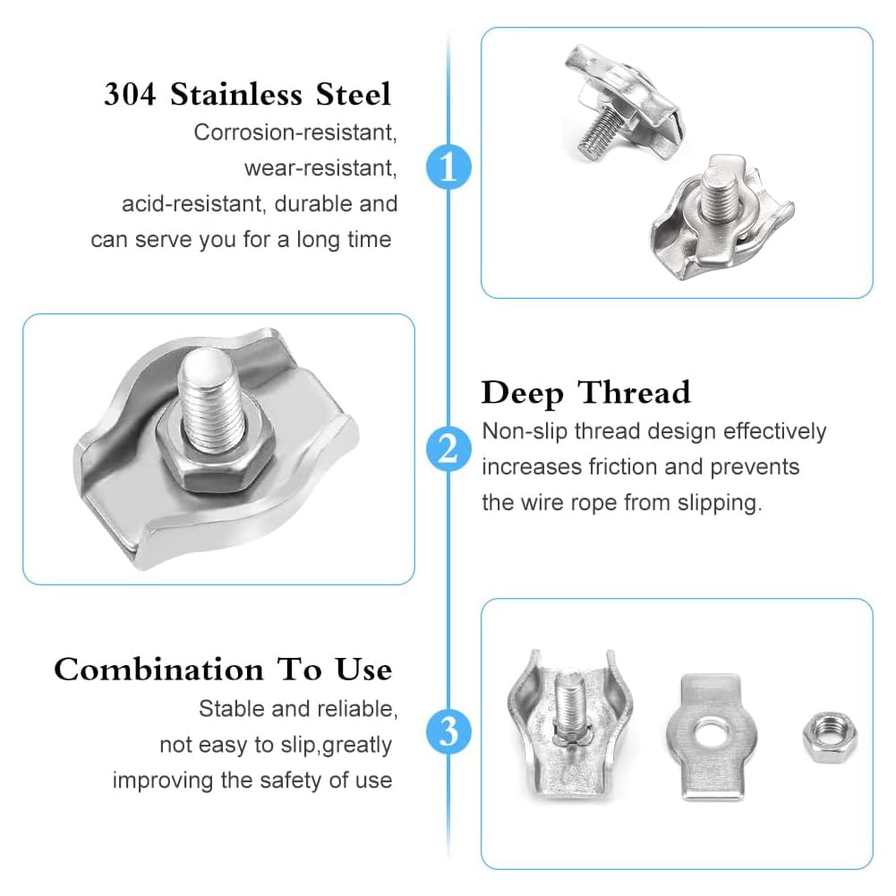 Morsetti Per Cavo Acciaio Inox 304 - Set Da 20 Pezzi M4, Per Fune 4mm, Con Bullone A U - Foto 7