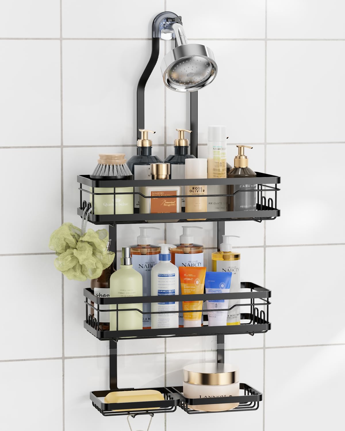 OMAIRA Shower Caddy Hanging with Soap Scrub Holder Shower Organizer Inside Shelves Bathroom Storage Rack Black
