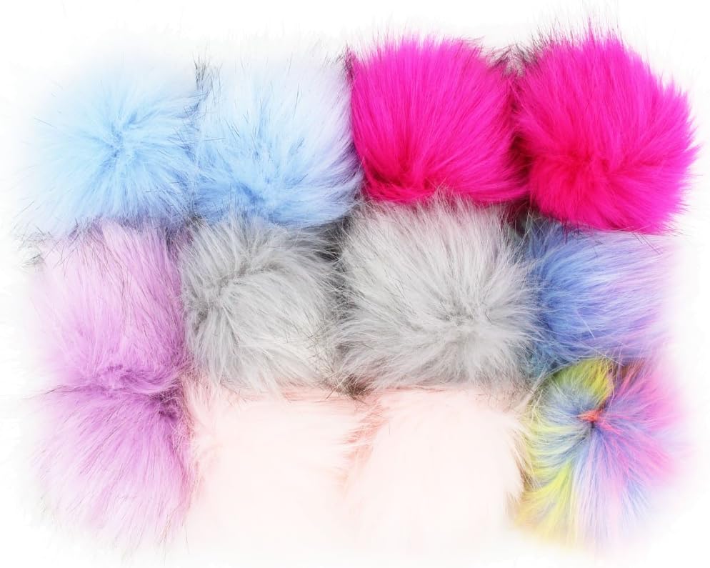 DIY 12pcs Faux Fox Fur Fluffy Pompom Ball Colorful Pom Pom with Elastic Mini Loop for Knitting Hats Charms (Bright Color Mix)