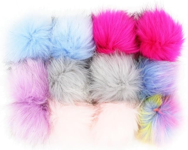 Furling Pompoms DIY Faux Fox Fur Fluffy Pompom Ball for Knitting Hats,Bags, Keychains,Shoes 3.9in Pack of 12pcs (Bright Color Mix)