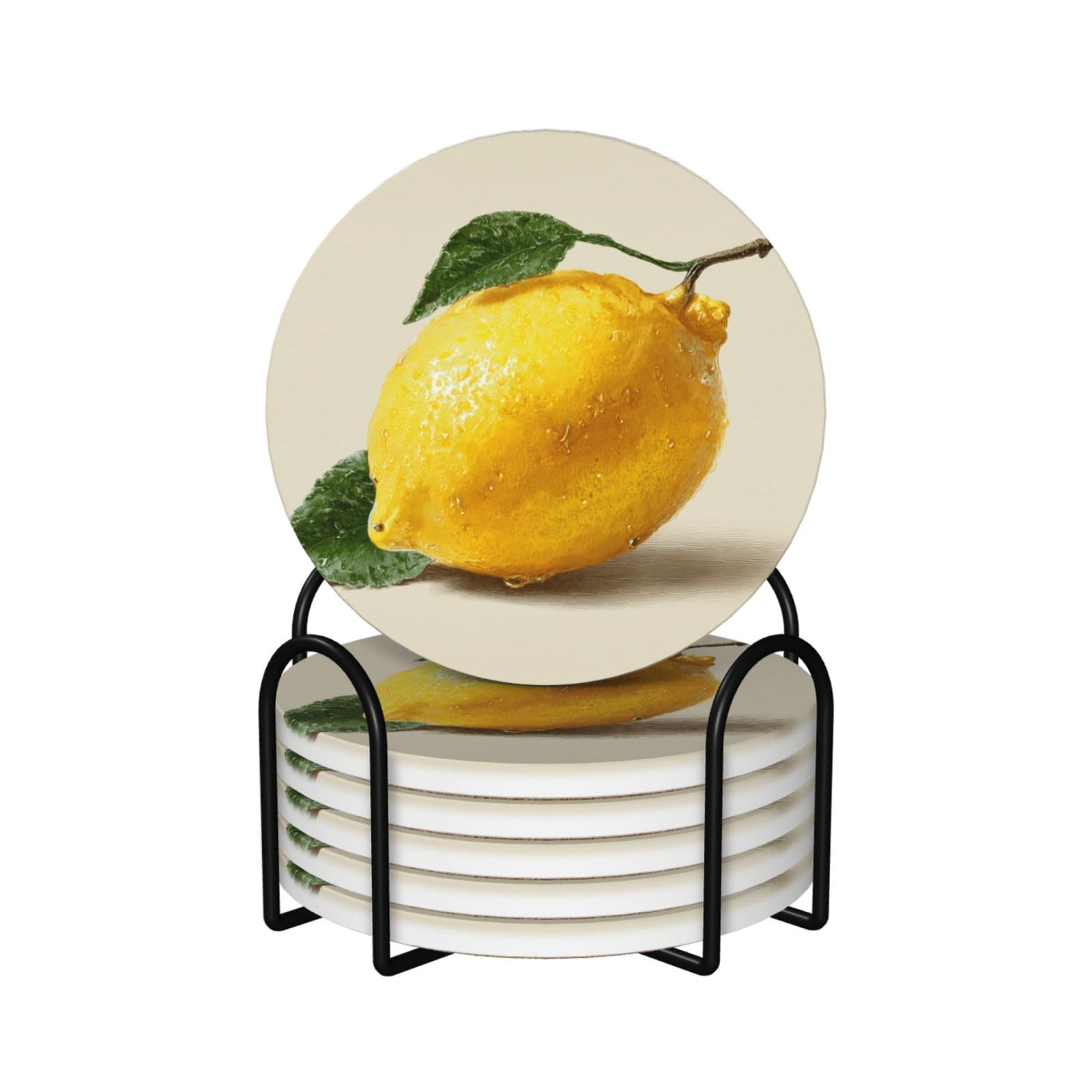 Ripe Lemon Fruit Retro Ceramic Coasters with Holder 6ps