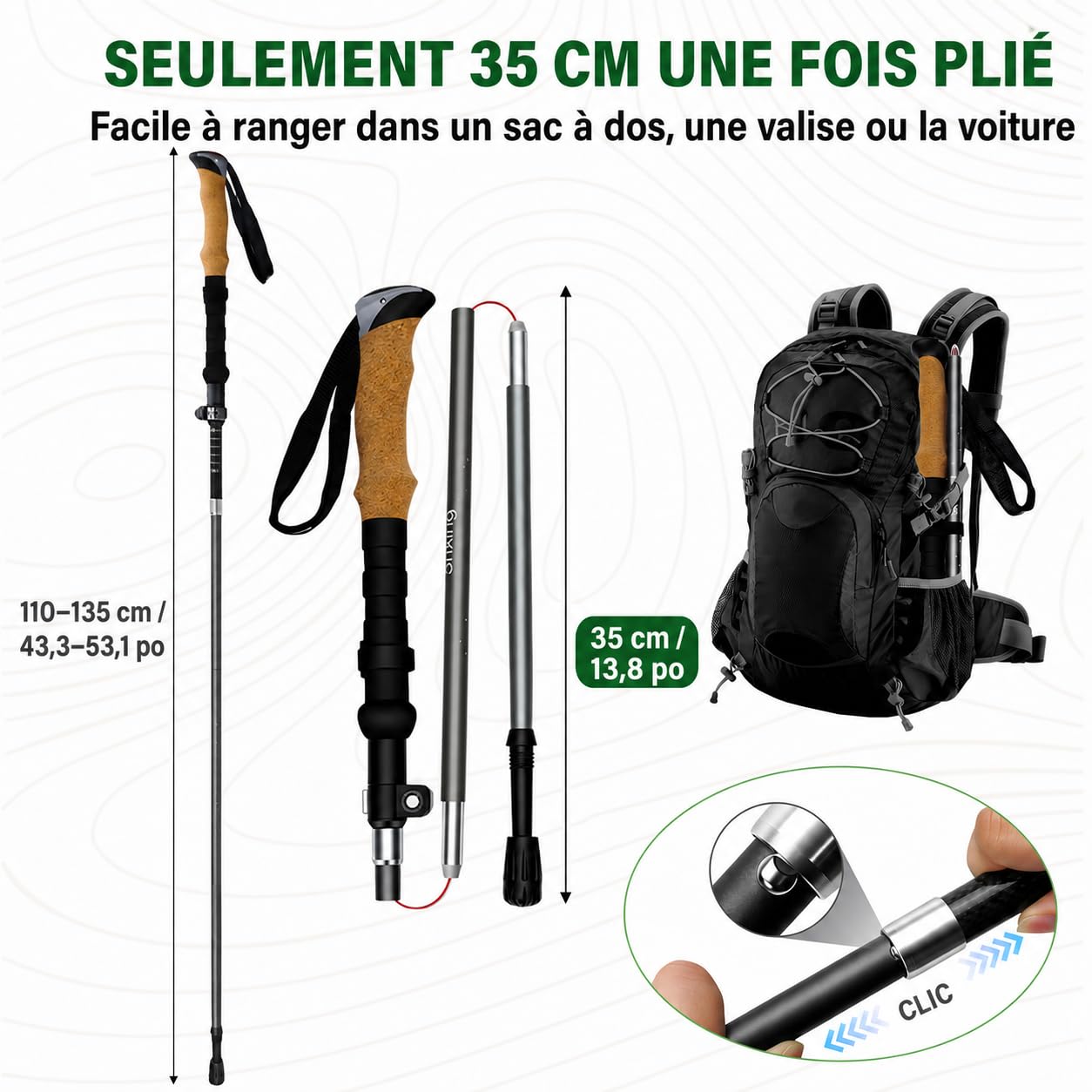 Bastones de senderismo plegables, juego de 2 unidades, solo 35 cm, ligero y estable, ajustable de 110 a 135 cm, carbono 3K y aluminio 7050, mango de corcho con extensión EVA, incluye bolsa y