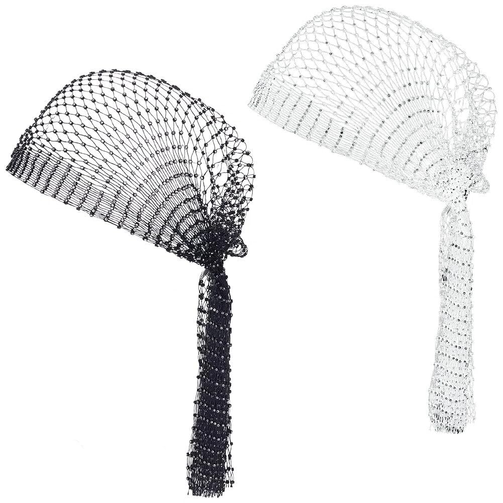 AHANDMAKER 2Pcs Rhinestone Head Scarf Glitter Durag Headpiece Stretchy Sparkly Crystal Nightclub Headwrap Rave 1920s Disco Party Favor Diamond Mesh for Women Rave Hair Accessories