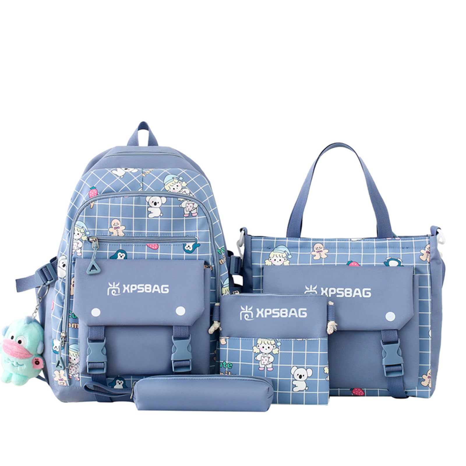 cute backpack 4pcs set for student with kawaii accessories - school bags for teen girls bookbag back to school supplies, e blue