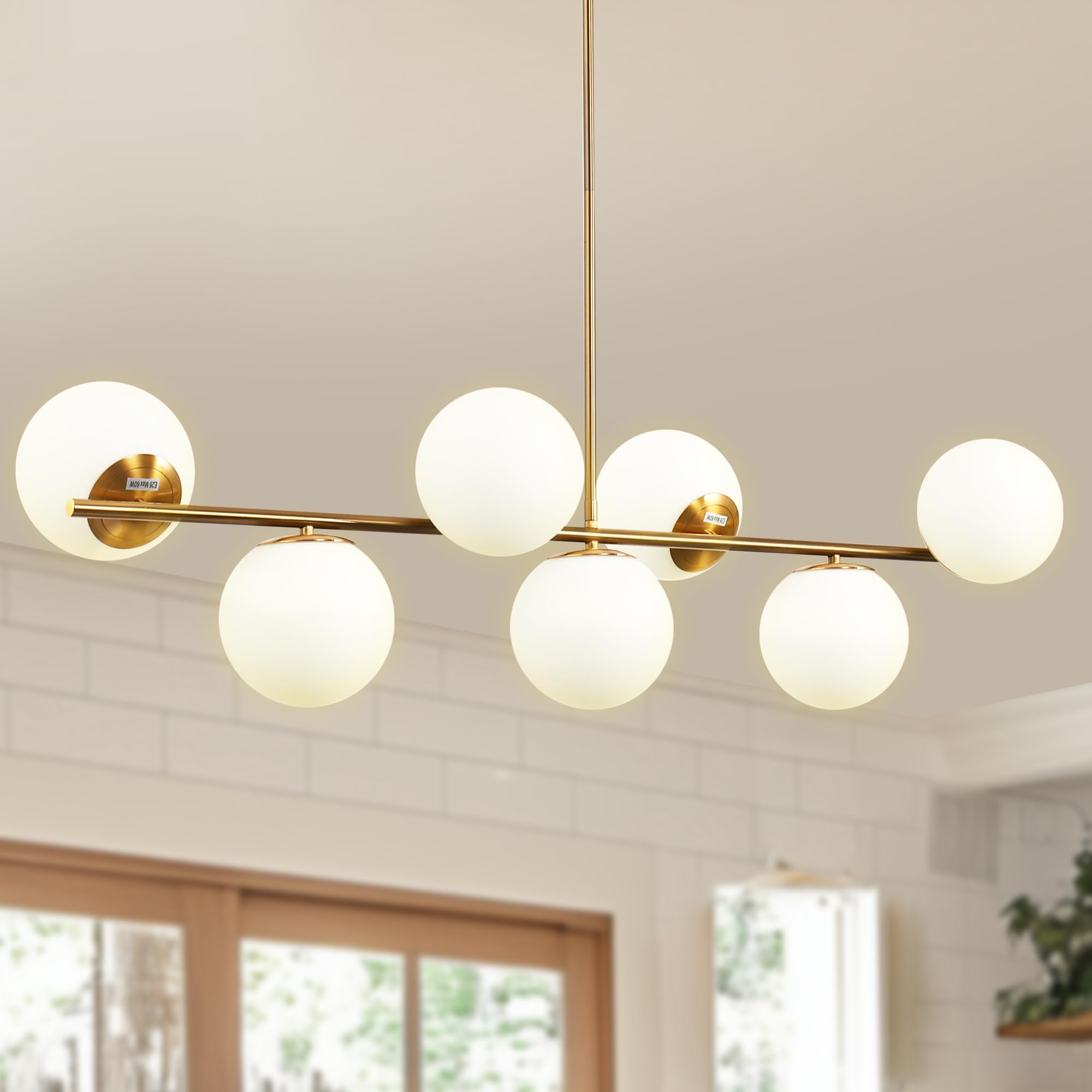 DORESshop 7-Light Modern Brass Linear Chandelier, Adjustable Mid Century Globe Chandelier, Gold Chandelier with Milk White Glass for Living Room, Kitchen Island, Dining Room Light Fixture