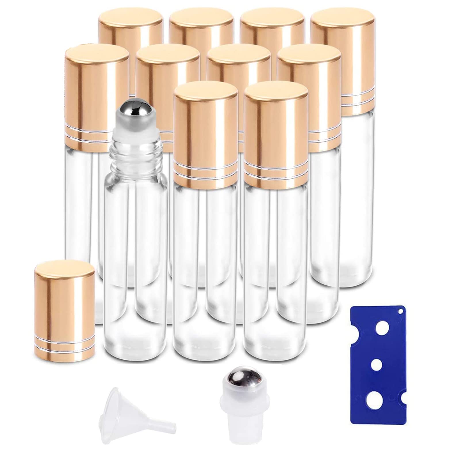Essential Oil Roller Bottles, 10 Pack 10ml Amber Glass Roller Bottles with Opener & Funnels Roller Balls For Essential Oils, Roll on Bottles, Transparent