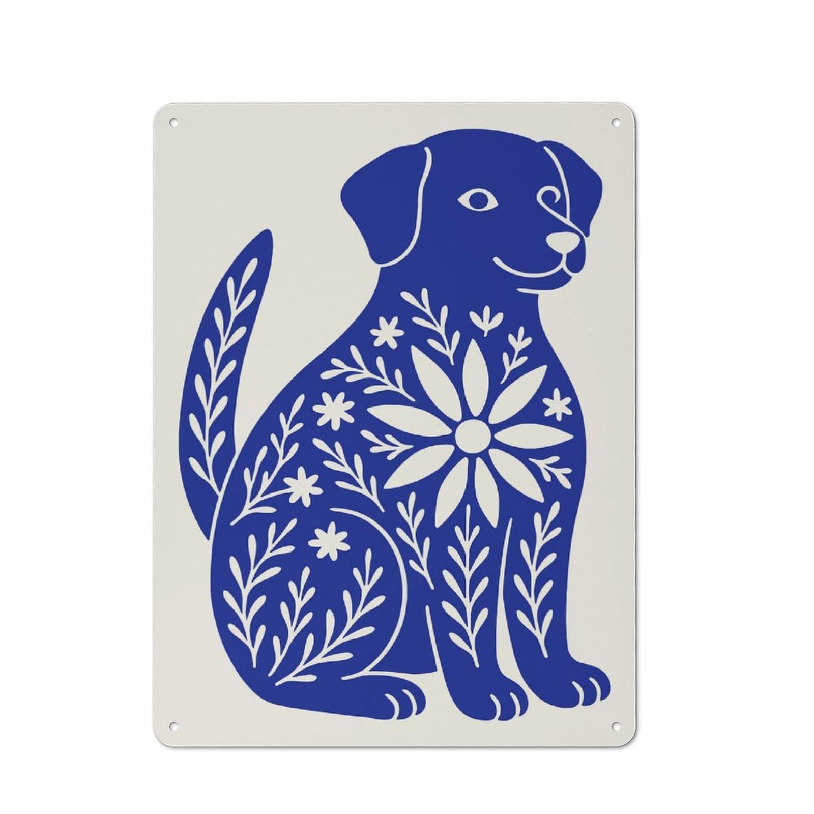 Junmoney Style-7 Tin Wall Plaque 40X30cm With Blue Dog Floral Illustration For Garage Wall, Suited To People Furnishing A Garage