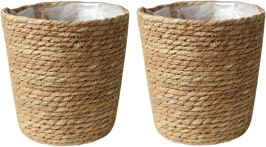 Veemoon 2Pcs Wicker Planter Basket, Rattan Grass Woven Flower Pot Seagrass Planter with Plastic Liner Farmhouse Storage Fruit Bowl Hyacinth Storage Baskets for Plant Flower Fruit Vegetable, 8.65inch H