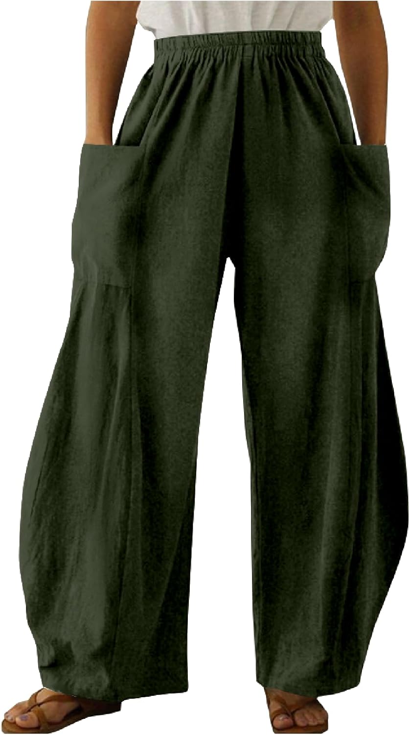 MARSVOVO Womens Summer Pants Lounge Comfy Elastic High Waisted Trousers Casual Beach Pants with Pockets