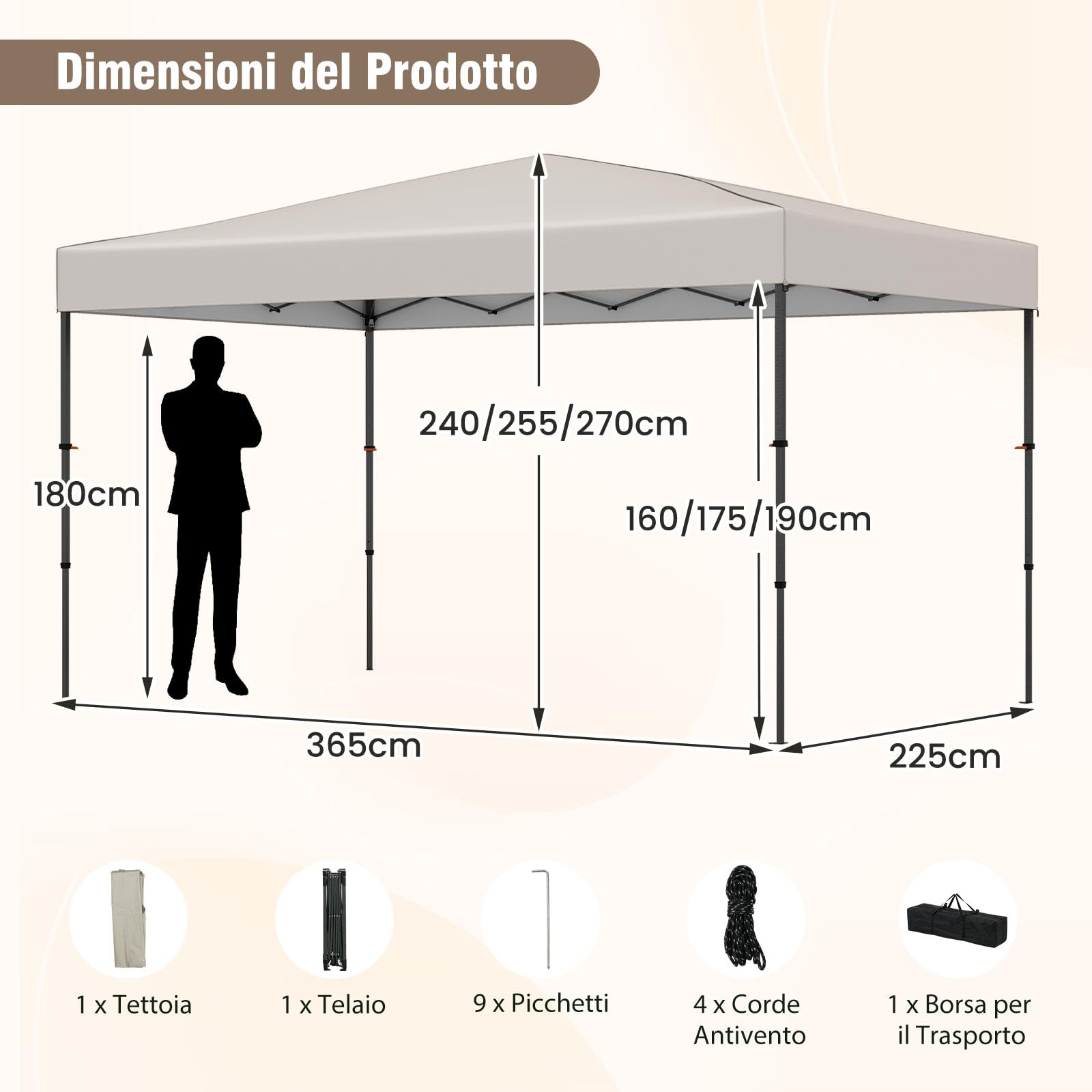 COSTWAY Gazebo Pieghevole Impermeabile, Gazebo Esterno Resistente con Acciaio Regolabile, Borsa Portatile, 9 Picchetti e 4 Corde Antivento, per Giardino, Feste e Barbecue (Beige, 3,65 x 2,25 m)