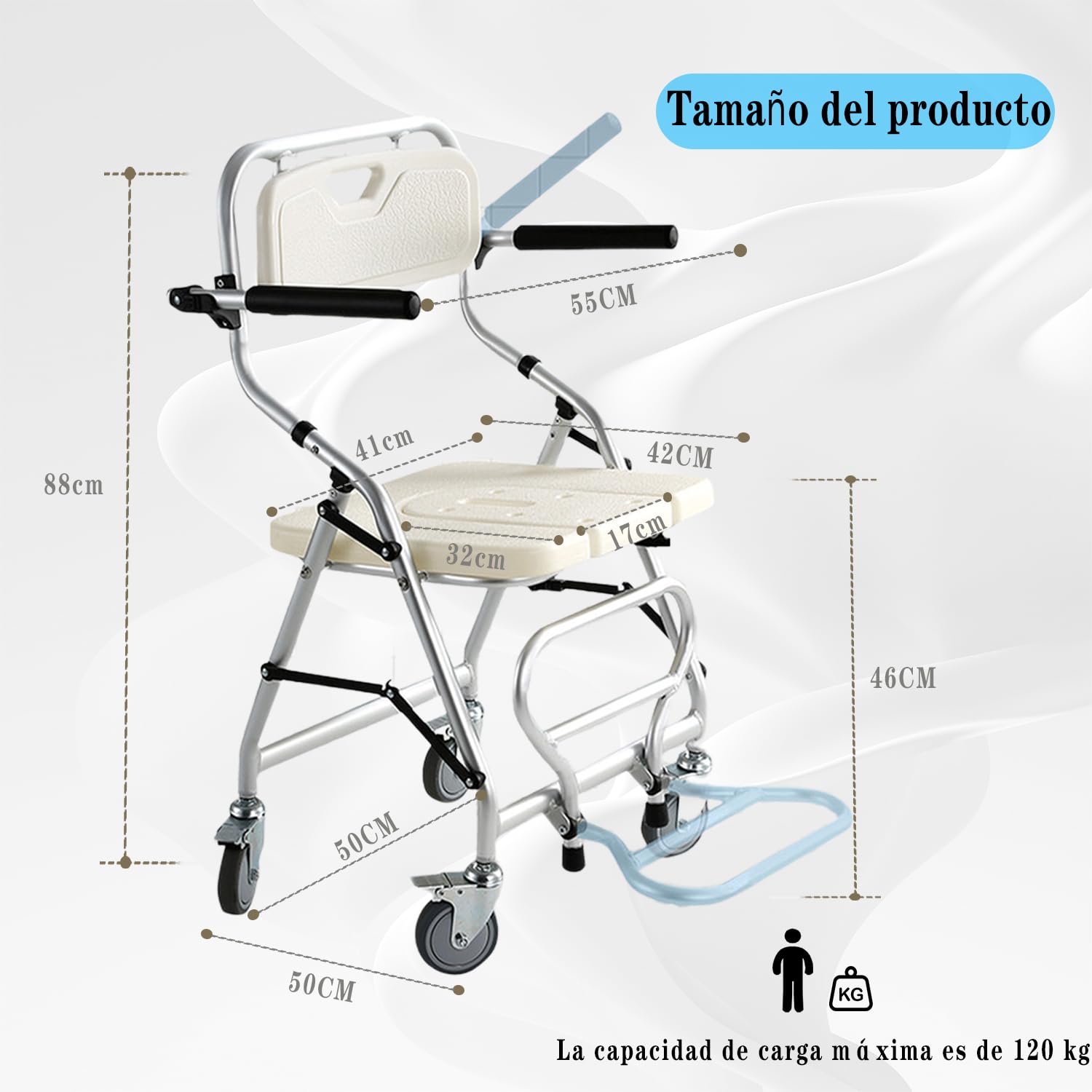 Silla de Ducha con Ruedas para Personas Mayores, Carga 120kg | Silla de Ruedas Ducha Plegable, Silla Baño Ancianos Ducha Montaje sin Herramientas