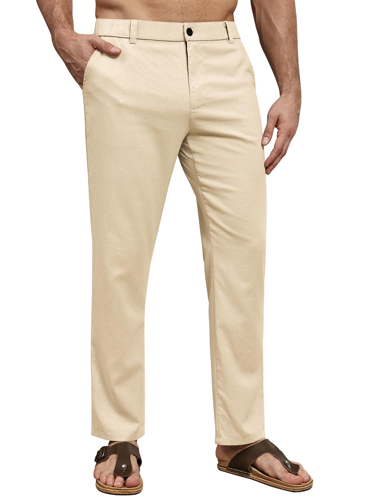 Suwangi Hombre Pantalones de Casuales Pantalones Largos Verano Ligeros Pantalon Lino Mezclar Cintura Elástica con Bolsillos — view 10