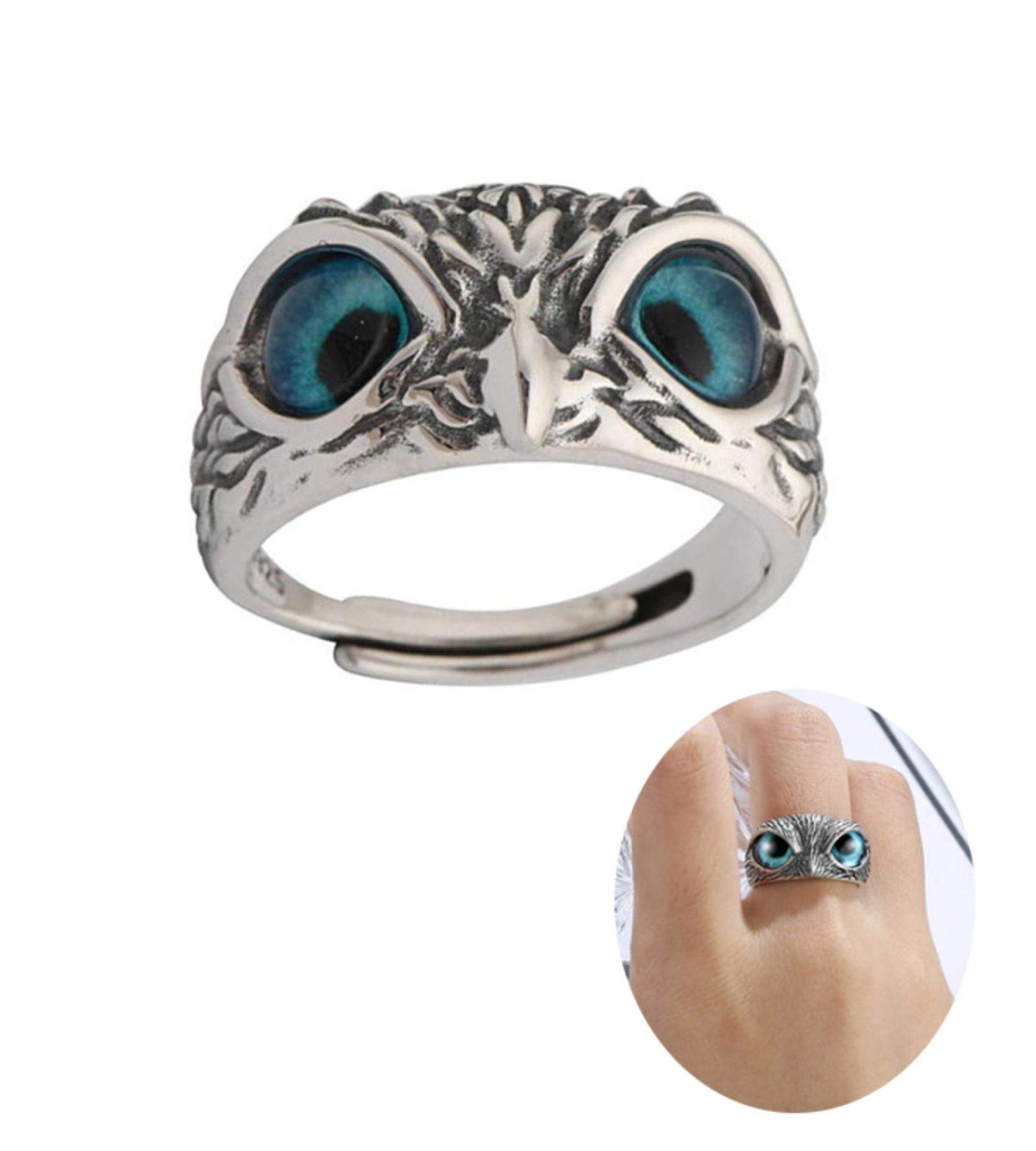 Colife925 Sterling Silver Demon Eye Owl Ring, Retro Vintage Ring,for Men Women Adjustable Band Ring