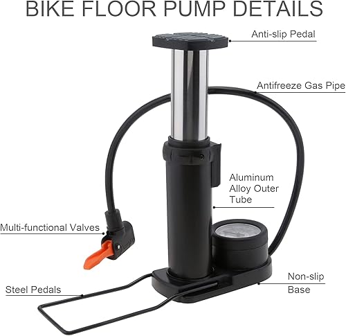 Miniatura 5 de Tobefore Bomba de suelo para bicicleta, bomba de pie de bicicleta portátil con válvula Presta y Schrader, manómetro externo, mini bomba de bicicleta