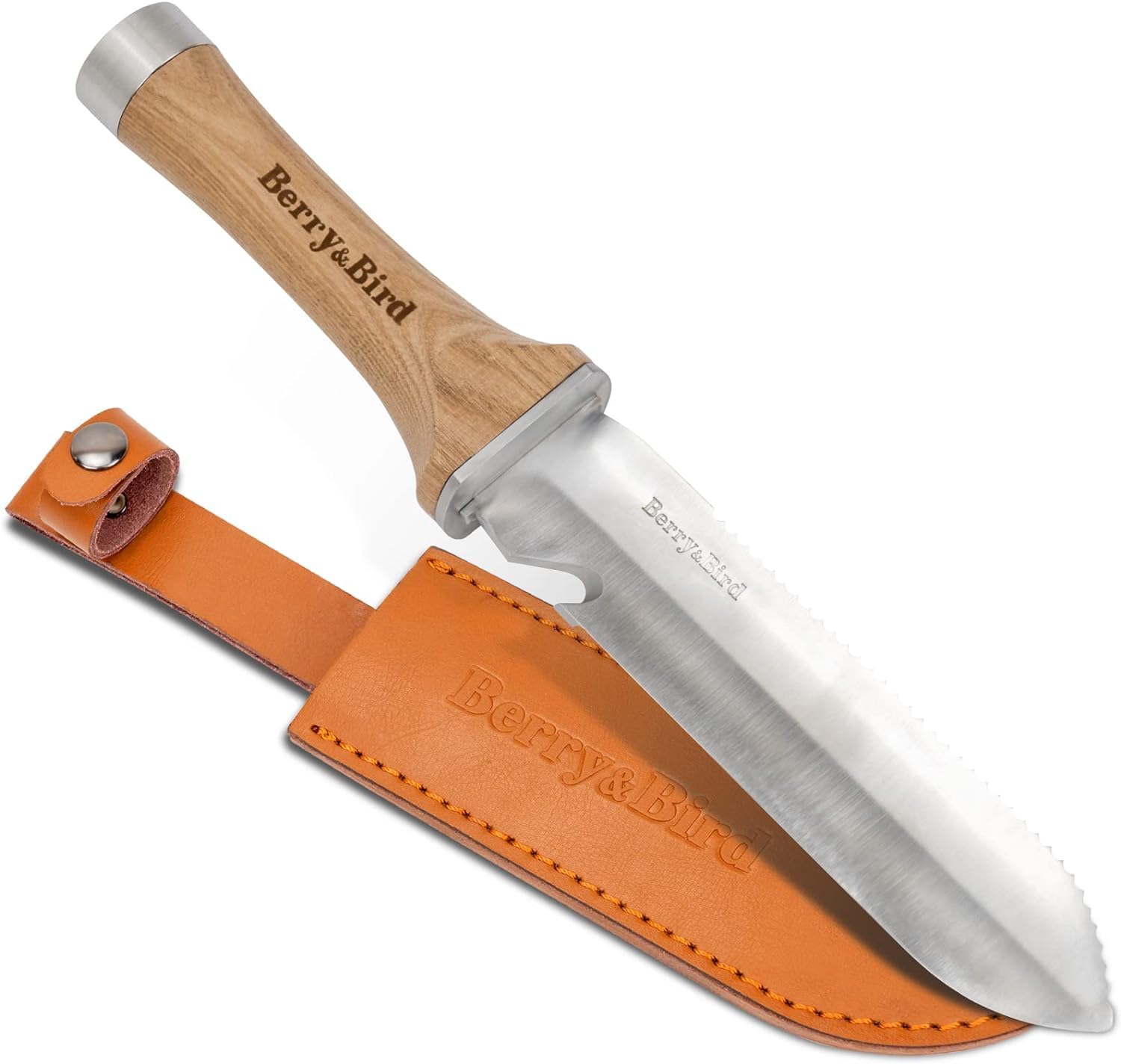 Berry&Bird Hori Hori Garden Knife, Multipurpose Garden Knife with 17cm Double Edge Sharp Stainless Steel Blade Ground Knife with Leather Sheath for Gardening, Weeding, Digging