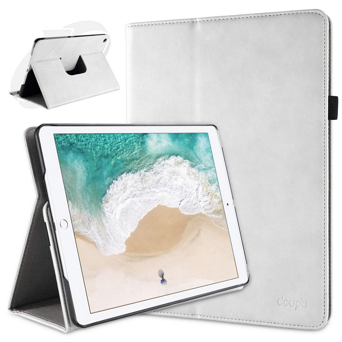 doupi 360 Smart Flip Cover for Apple iPad Pro 12.9 inch ( 2015 / 2017 ) Deluxe Leatherette Protective Case Sleep / Wake Function 360 Degree Rotatable Stand Screen Protector White