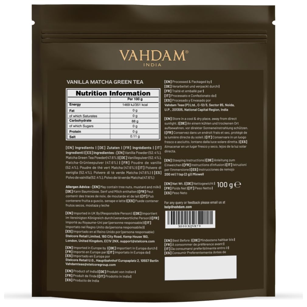 VAHDAM Polvo de Matcha Vainilla 100g-50 Tazas | Matcha Uji & Vainilla de Madagascar | 100% Natural | Té Verde Japonés Premium | Para Latte & Té