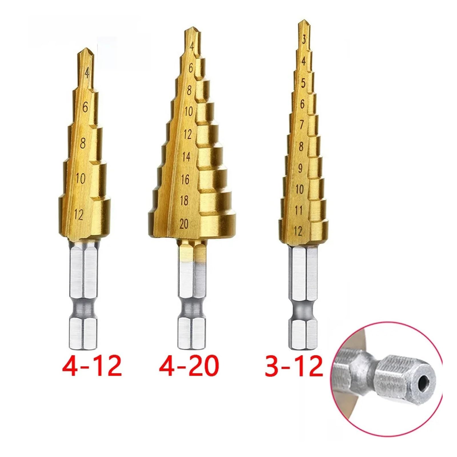 Herramienta eléctrica de broca escalonada cono HSS recubierta titanio | Cortador de agujeros multiusos for tareas de perforación en metal y madera.(3pcs Hexagon handle1)