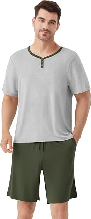 WiWi Mens Pajamas Set Viscose from Bamboo Short Sleeve Top & Pajama Shorts Sleepwear Soft Loungewear with Pockets S-XXL