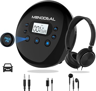 Portable CD Player with Headphones, MONODEAL Rechargeable CD Player Portable for Car with FM Transmitter, Anti-Skip, LCD Display, Backlight Buttons,15-Hour Battery, AUX Cable