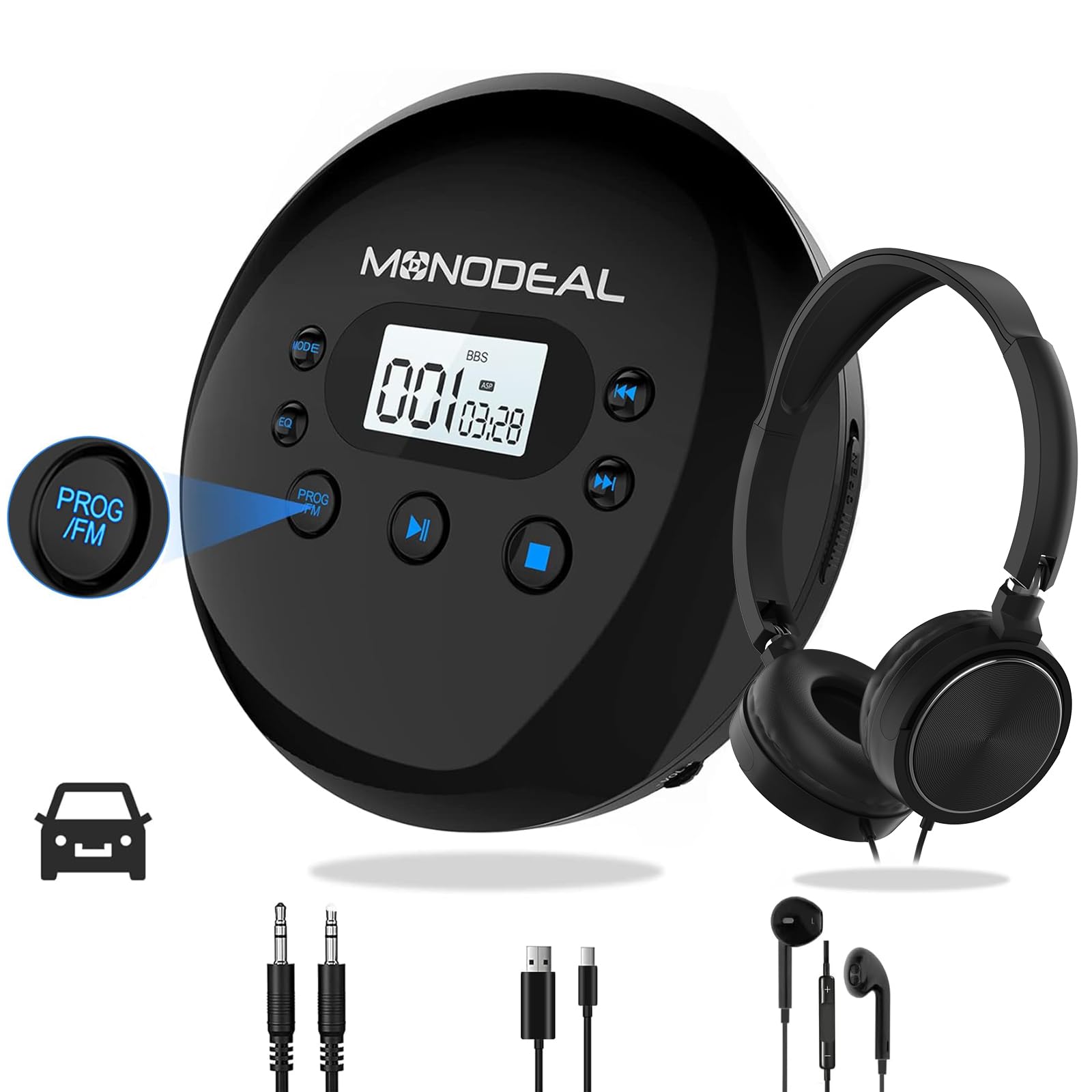 MONODEAL Portable CD Player being charged via USB cable, showing various charging methods like wall charger, power bank, car charger, and laptop.