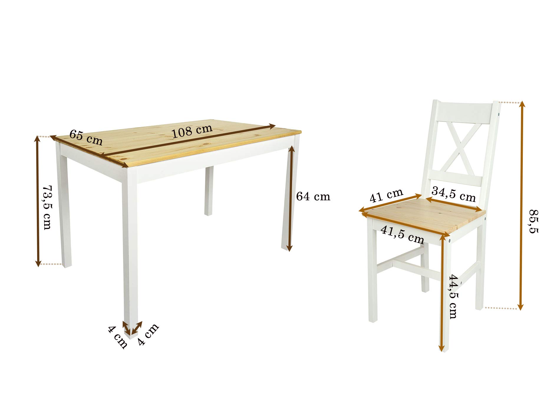 Leomark Drewniany Stół z 4 krzesłami do kuchni, salonu, jadalni, Kompletny zestaw w kolorze White Pine, Wymiary stołu: 108 x 65 x 73,5 cm
