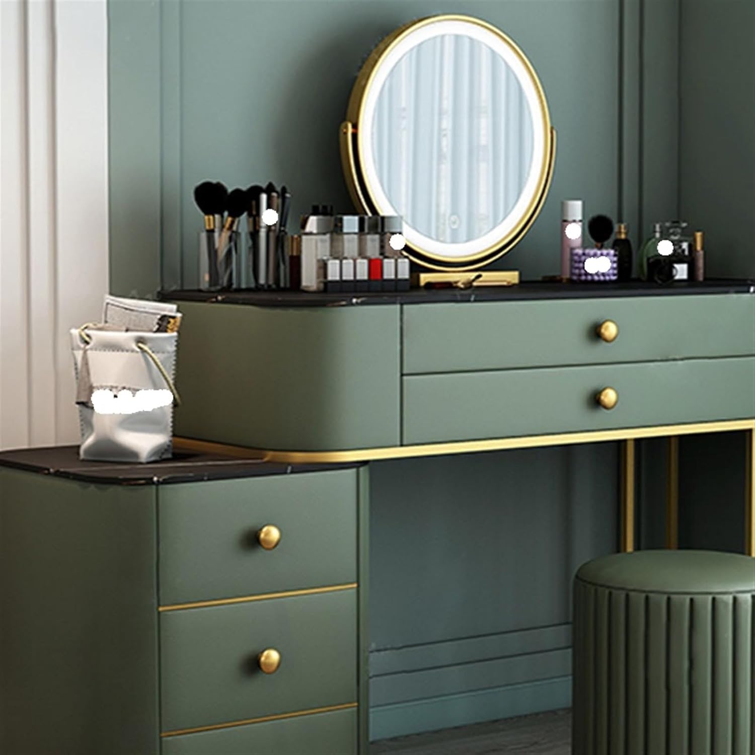 Vanity Desk, Makeup Vanity Set Dark Green Large Makeup Vanity with Mirror and Stool Vanity Desk Makeup Table with Drawers Nightstand Bedroom Furniture Makeup Dressing Table Set ( Color : Green , Size L120cm Green