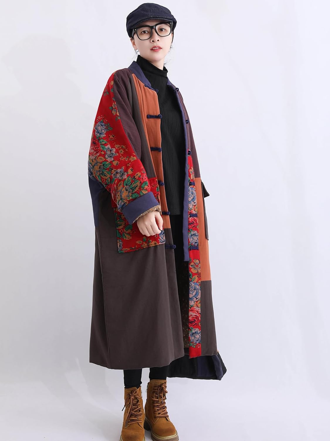 LUZU JUNU Women's Cotton Quilted Trench Coat Floral Print Long Jacket Cotton Linen Vintage Patchwork Outwear - Image 8