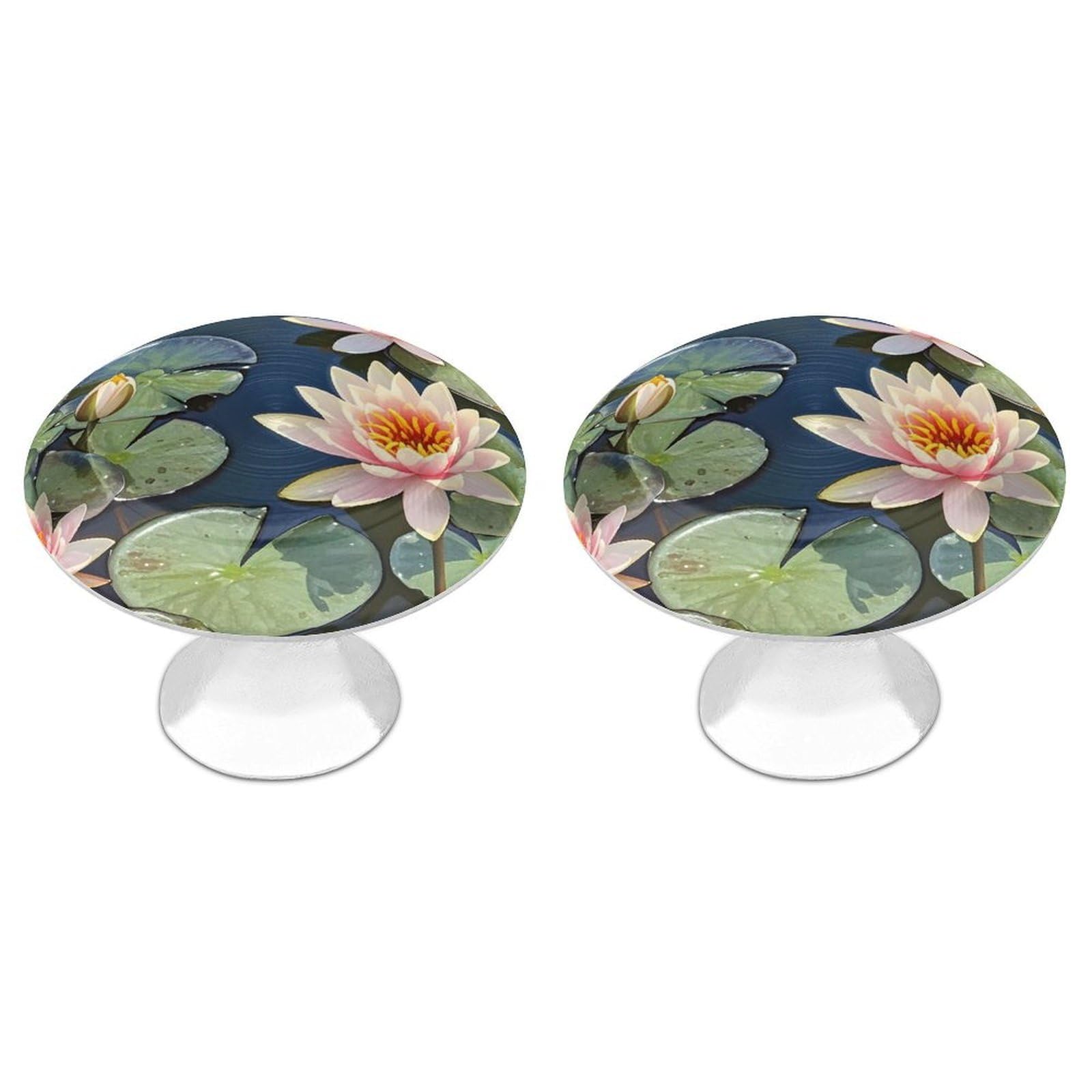 FekiLoot Peach Water Lily Painting Cabinet Knobs 2 Pack Stainless Steel Round Dresser Drawer Knobs Kitchen Drawer Hardware Dresser Knob Closet Door Pulls Cabinet Handles for Cupboard Drawer Pulls