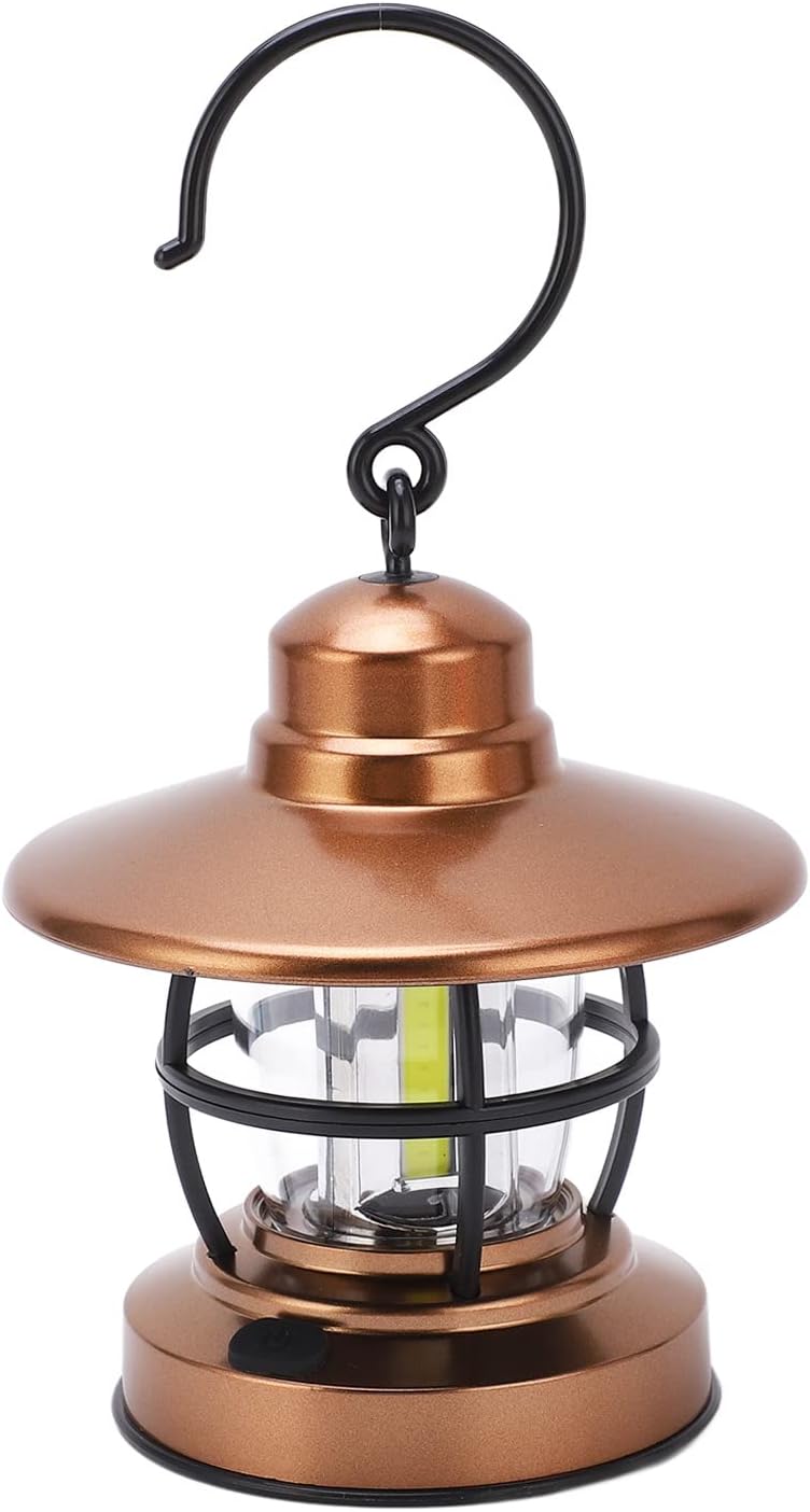 Camping Lantern, Retro Warm Camp Light, Battery Powered Metal Vintage Hanging Lamp, 3 COB LED, Waterproof