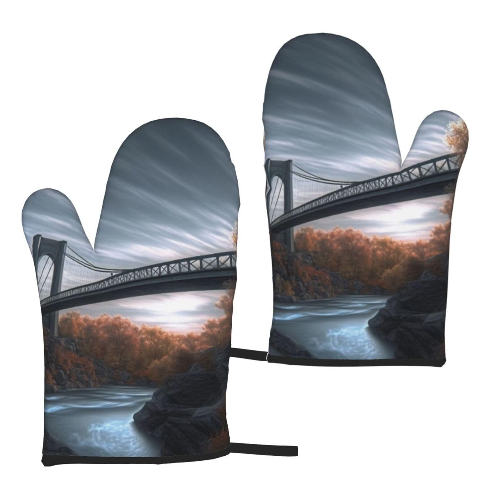 Scenery Bridge Printed Oven Mitts Sets 2 PCS Heat Resistant and Non-Slip Glove Potholder for Kitchen Cooking Baking Grilling