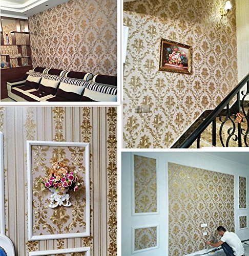 Kalri 32.8Ft X1.738Ft Luxury Metallic Gold And Cream Textured Damask Wallpaper Home Room Wall Paper Rolls For Living Room, Bedroom, Bars (Wp40936A) #TOP5