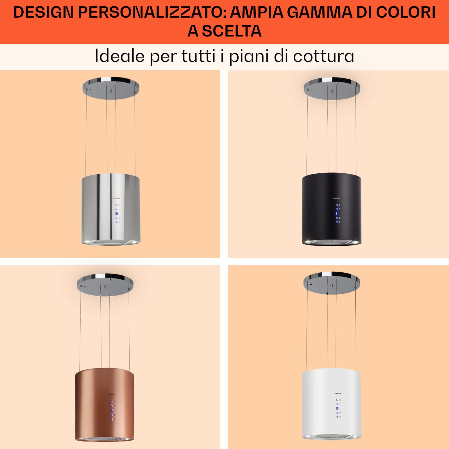 Klarstein Cappa Sospesa per Isola Cucina a Candelabro con LED Sottopensile, Flusso d'Aria di 558m³/h, con Filtri Antigrasso, con Filtri a Carboni Attivi