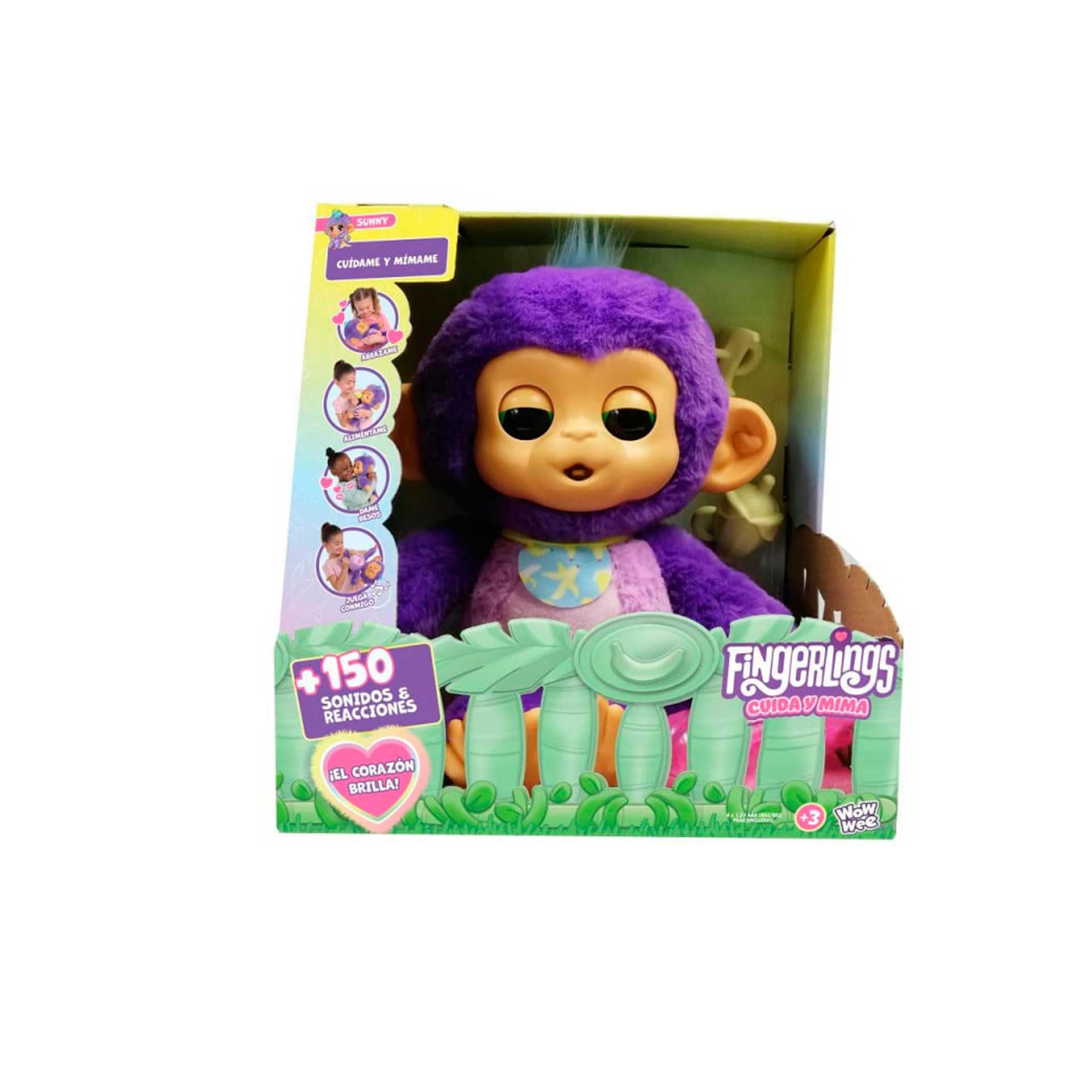Fingerlings Cuida Y Mima, Mono interactivo de peluche de color morado, suave y blandito con +150 sonidos y interacciones,reacciona al tacto,con juegos y luz para dormir,niños +4 años, Bizak (61853192)