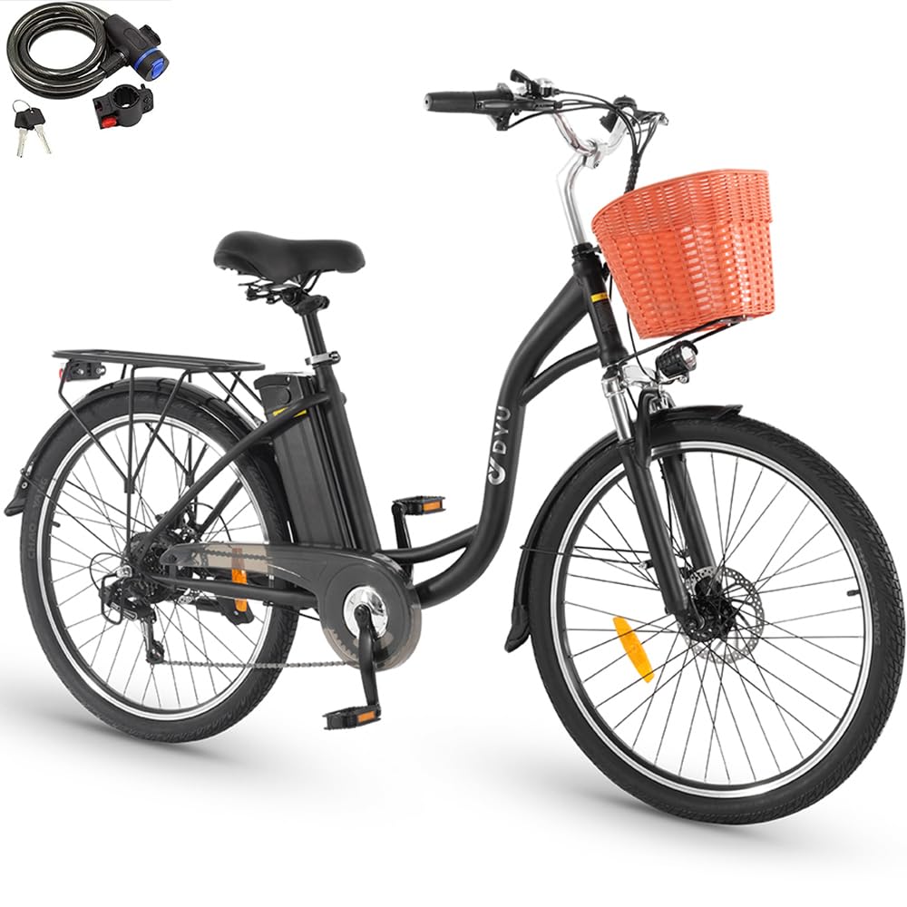 DYU Vélo Électrique,26 Pouces Vélo Électrique avec Dérailleur 6 Vitesses,36V 12,5Ah Batterie Amovible,Smart Urban E-Bike avec Panier,Pédalage Assisté,Hauteur Réglable,Adulte Unisexe