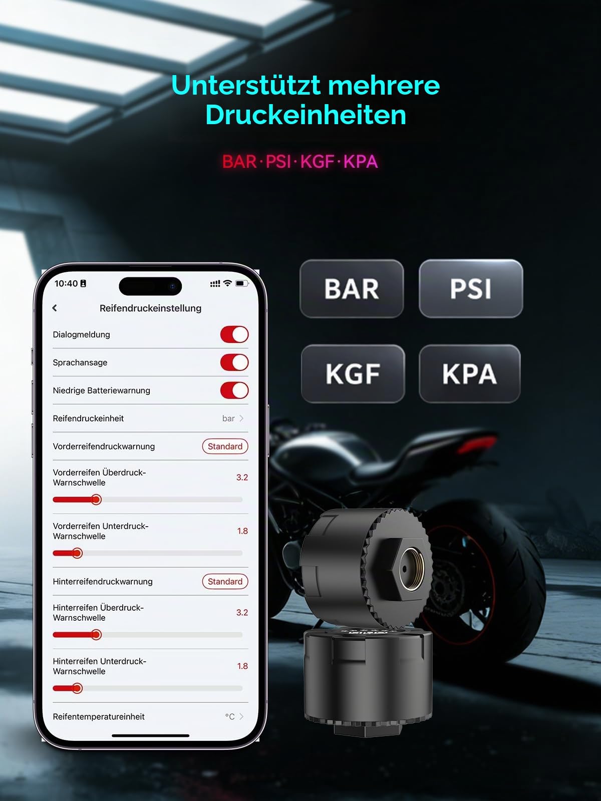Spedal TPMS Reifendruckkontrollsystem für Motorrad, 2 Stück | Bluetooth Reifendrucksens mit App, Druck & Temperatur präzise, Wasserdicht, Echtzeit-Alarm, für iOS & Android