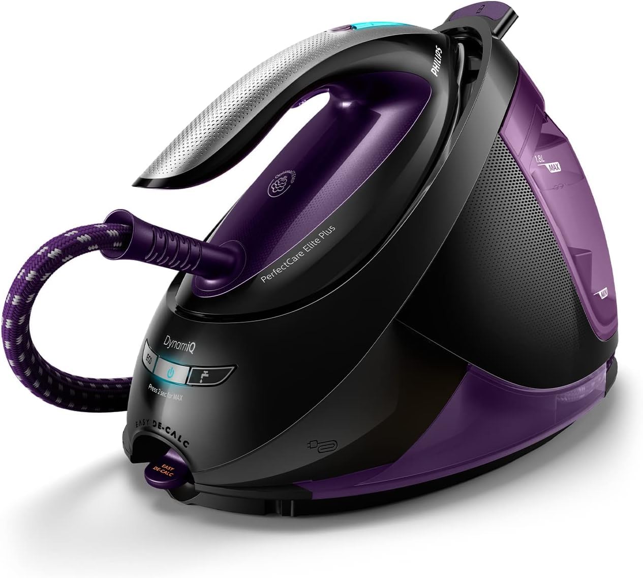 Philips PerfectCare Elite Plus Dampfbügelstation – 2700 W, Dampfstoß 550 g, Druck 7,7 bar, OptimalTEMP-Technologie, 1,8-Liter-Wasserbehälter, lila/schwarz (GC9675/80)