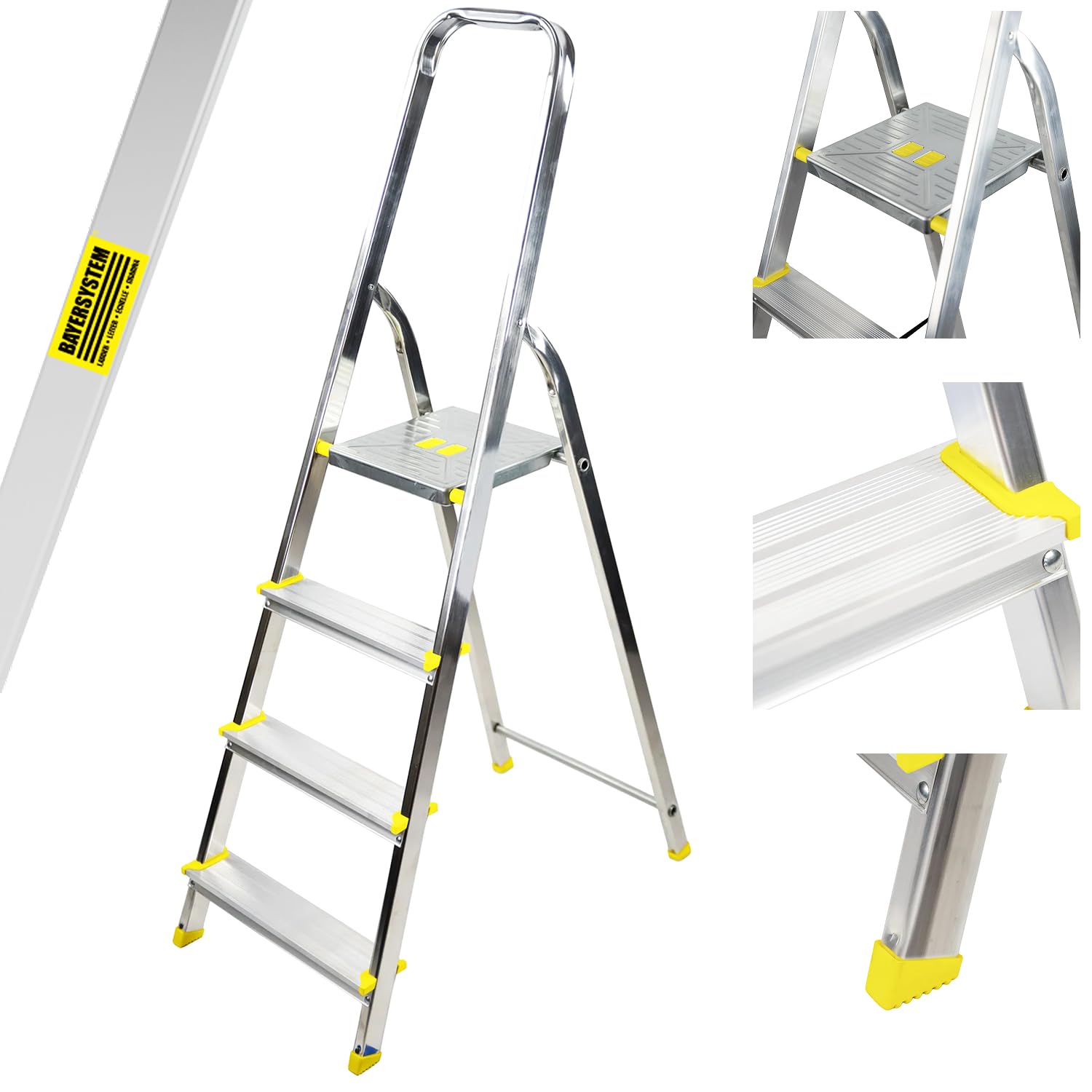 Bayersystem BS-DA4 120 Trittleiter mit 4 Stufen, Aluleiter, bis 120 kg belastbar, max. Arbeitshöhe 2,78 m, Klapptrittleiter mit Handlauf, Anti-Rutsch-Füße, Klapptritt für Haushalt, Silber/Gelb